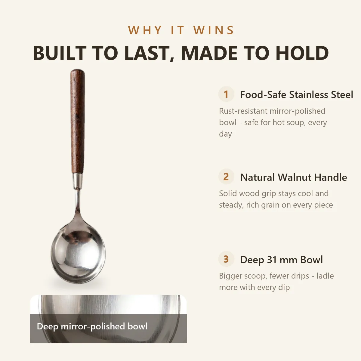 호두 나무 손잡이 스테인레스 스틸 디너 스푼 -  - Food Mach Tech