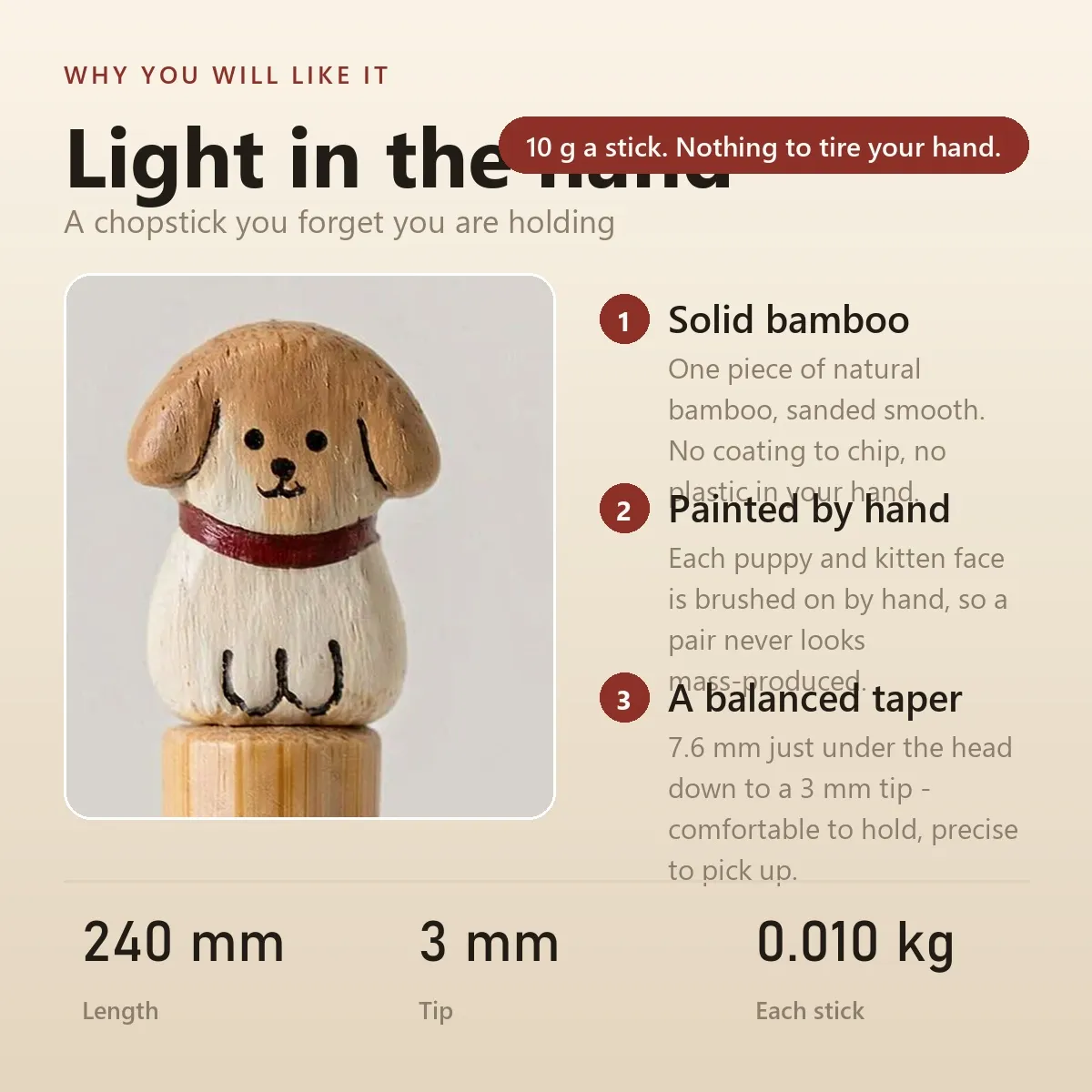Niedliche Hunde-und Katzen patze, Bambus stäbchen, leichter natürlicher Bambus für tägliche Mahlzeiten, Sushi & Geschenk (10 Stück) -  - Food Mach Tech