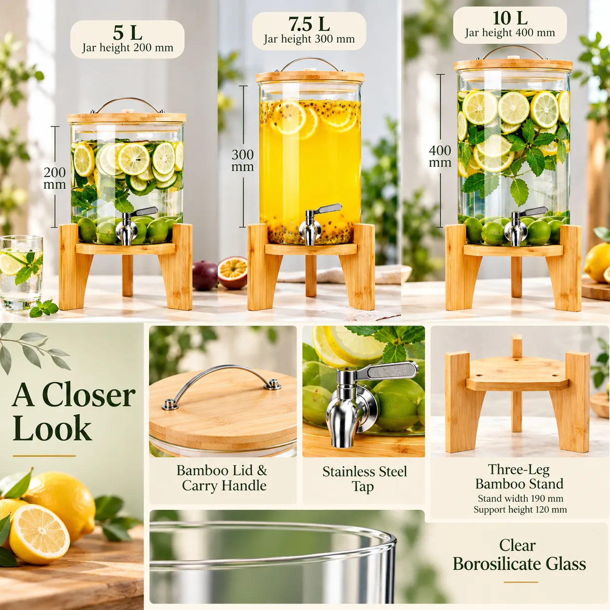 High Borosilicate Glass Beverage Dispenser with Bamboo Stand and Tap -  - Food Mach Tech