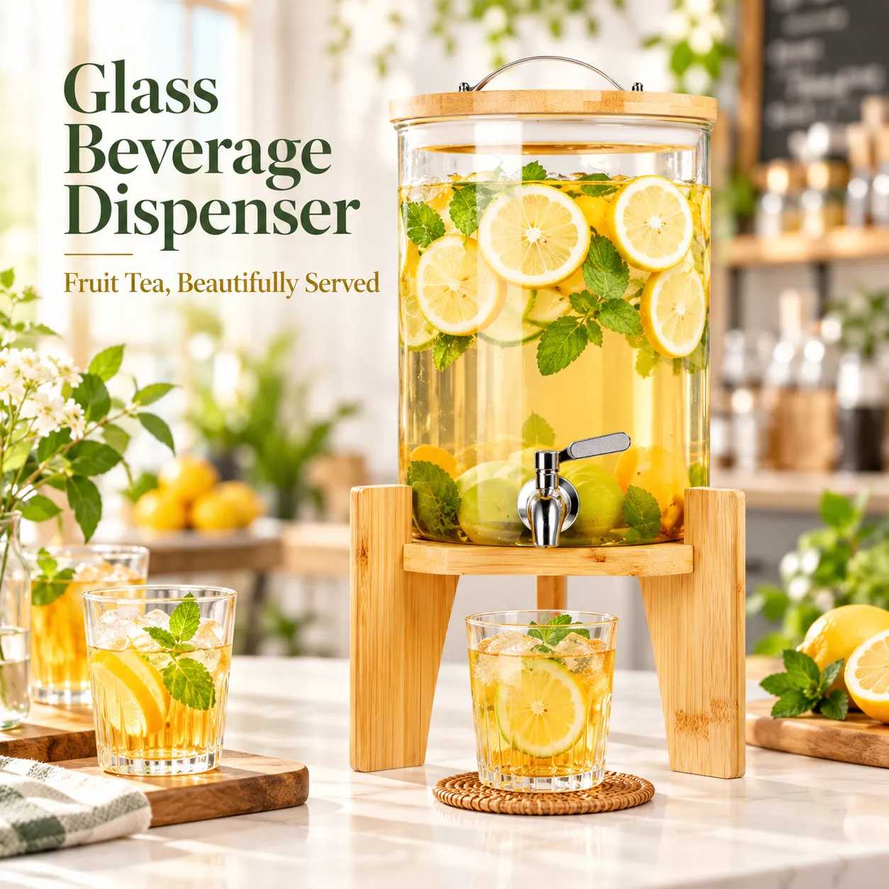 High Borosilicate Glass Beverage Dispenser with Bamboo Stand and Tap -  - Food Mach Tech