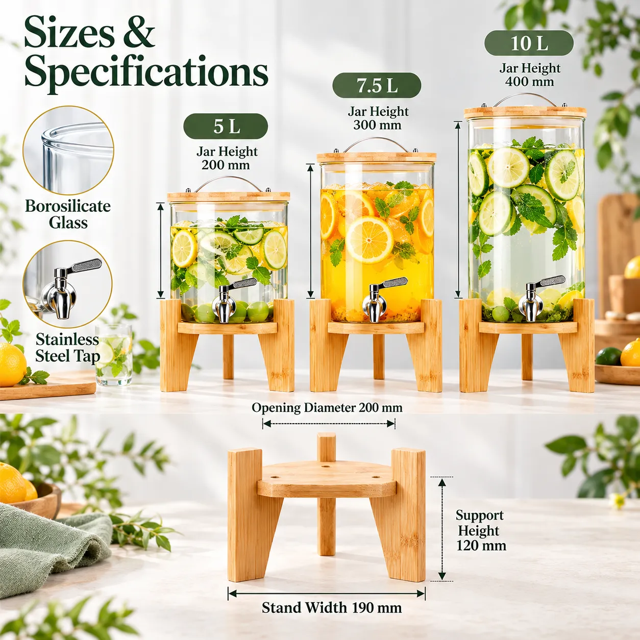 High Borosilicate Glass Beverage Dispenser with Bamboo Stand and Tap -  - Food Mach Tech