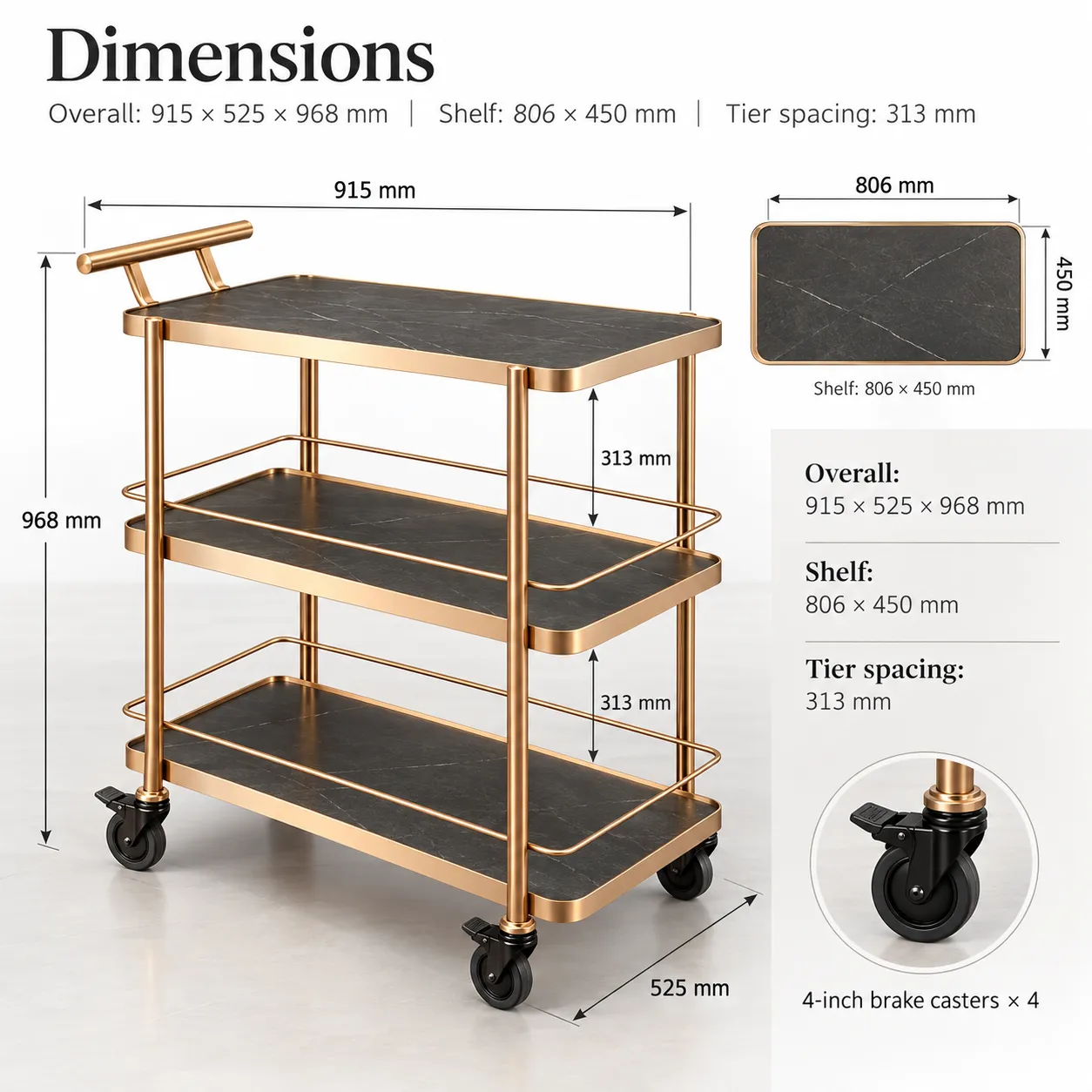Mobile Service Trolley with Brake Wheels for Hotel, Restaurant, Bar ...
